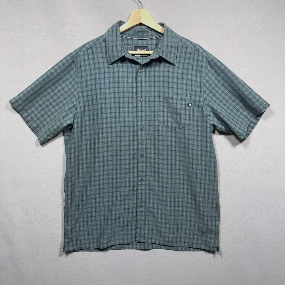 Marmot Plaid Shirt Men Large Regular Short Sleeve Blue Green Button Up Gorpcore